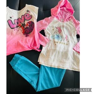 Girls justice love shirt, blue pants & unicorn hoody